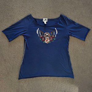 Lucky Brand, Blue Embroidered Skull, Heart & Wings, T-Shirt